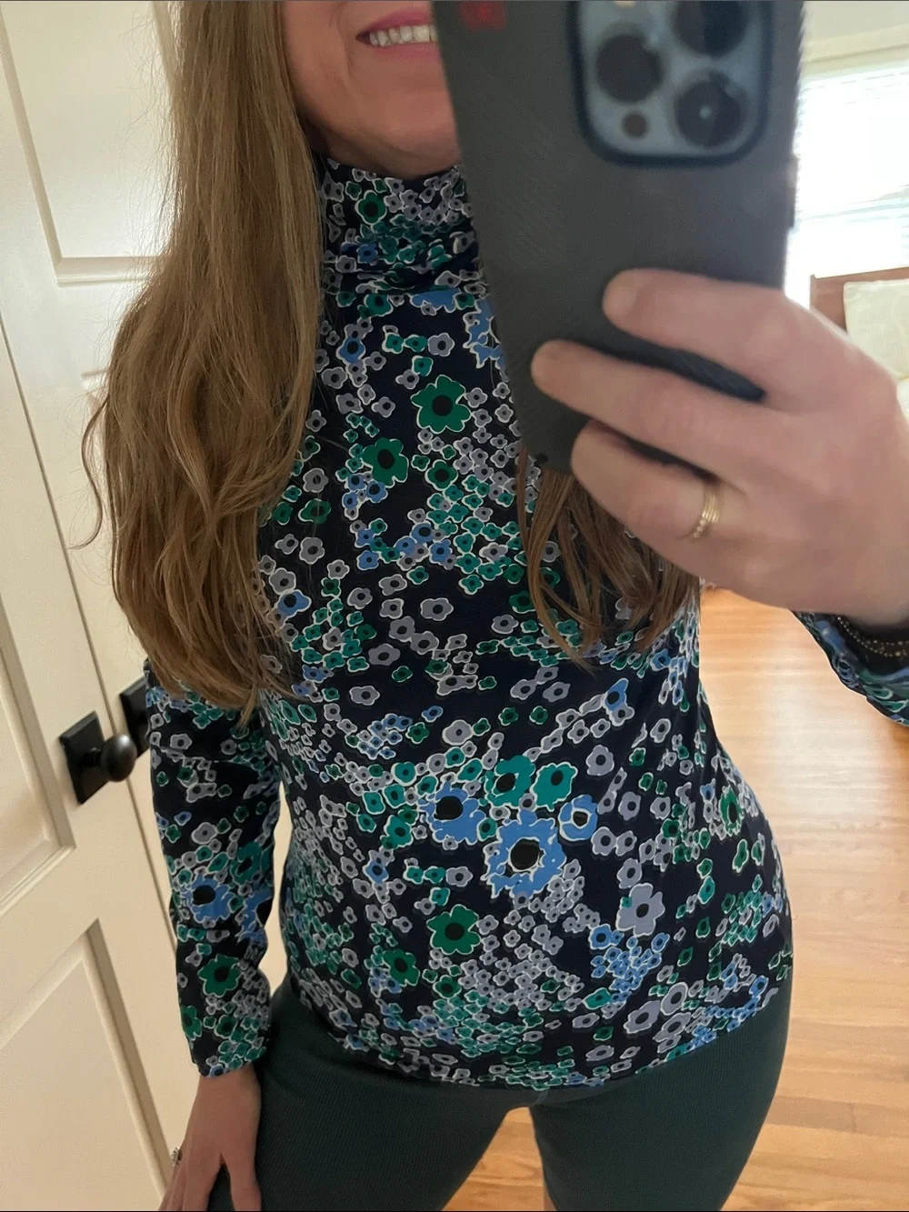 J. Crew Floral Printed Tissue Turtleneck large - navy teal multi